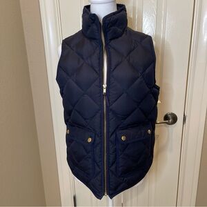 J Crew Womens Navy Blue Quilted Down Vest, Gold Full Zipper /Snaps, Pockets SZ S